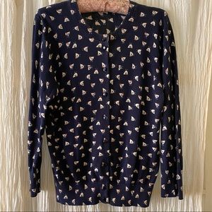 J Crew Cotton Cardigan-Navy Blue W/Chickens-L/XL